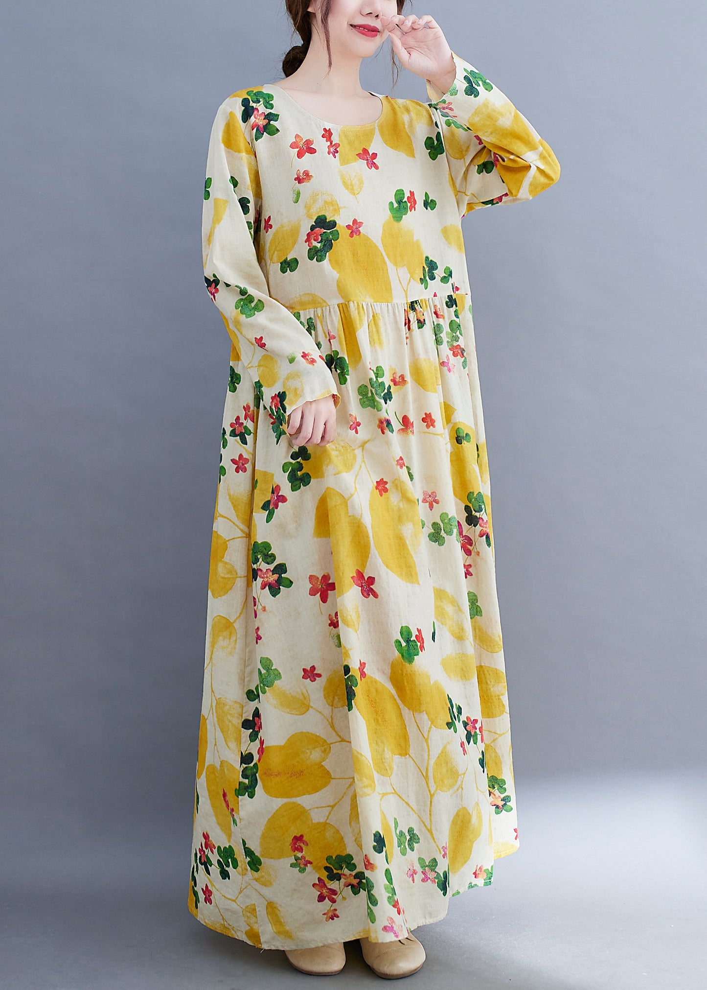 Boutique Yellow Floral O-Neck Cinched pockets Beach Dress Long Sleeve