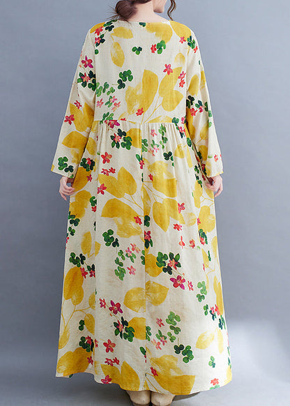 Boutique Yellow Floral O-Neck Cinched pockets Beach Dress Long Sleeve