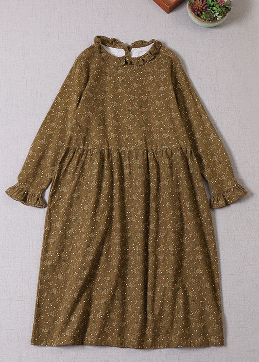 Boutique Yellow Green Ruffled Print Cotton Long Dress Spring