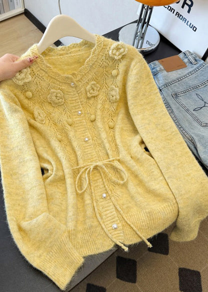 Boutique Yellow Hollow Out Floral Knit Cardigans Spring