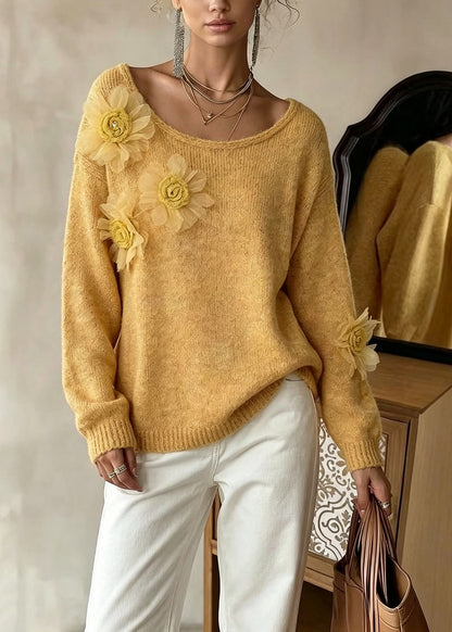 Boutique Yellow O Neck Floral Cozy Knit Sweaters Fall