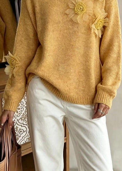 Boutique Yellow O Neck Floral Cozy Knit Sweaters Fall