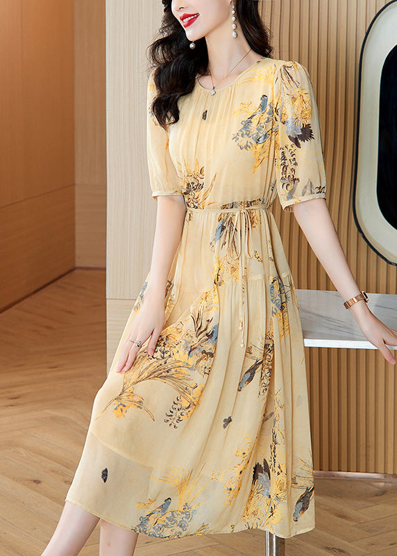 Boutique Yellow O Neck Print Wrinkled Lace Up Silk Dress Summer