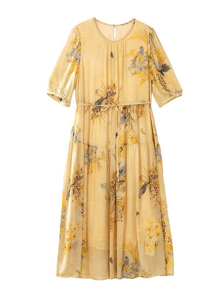 Boutique Yellow O Neck Print Wrinkled Lace Up Silk Dress Summer