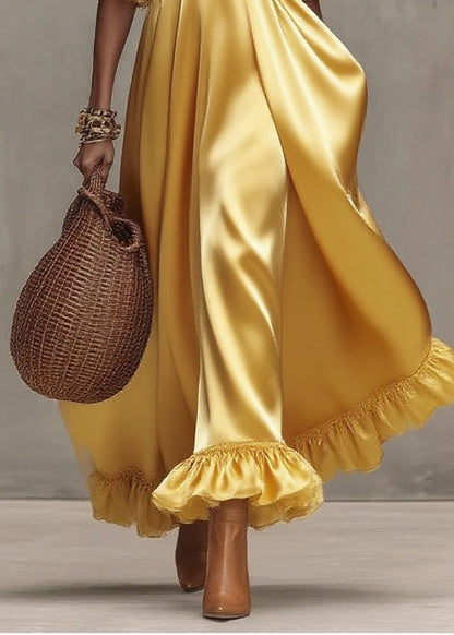 Boutique Yellow Sequins Exra Large Hem Silk Long Dress Lantern Sleeve
