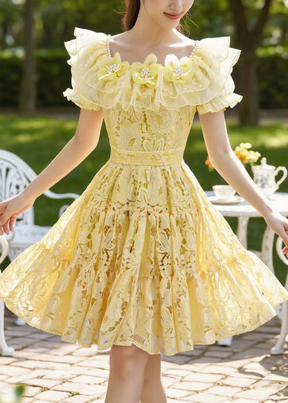 Boutique Yellow Square Collar Floral Lace Tea Dress Summer