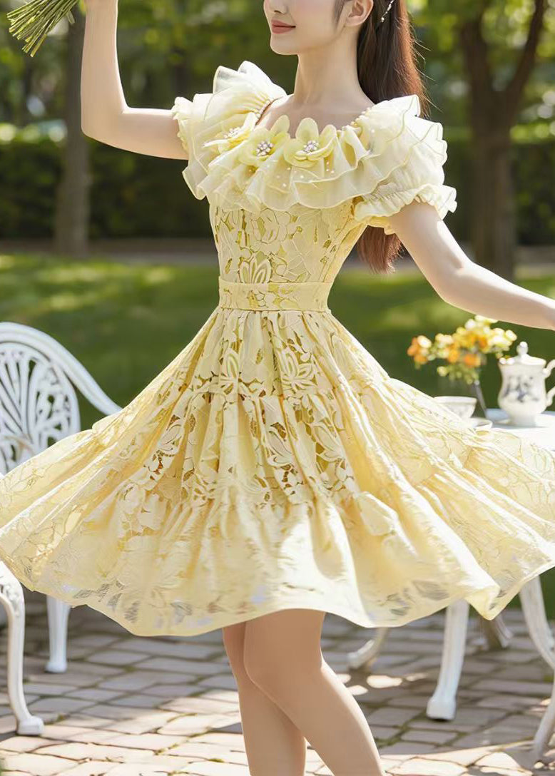 Boutique Yellow Square Collar Floral Lace Tea Dress Summer