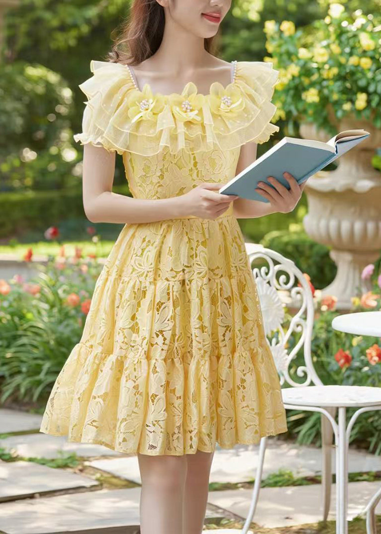 Boutique Yellow Square Collar Floral Lace Tea Dress Summer