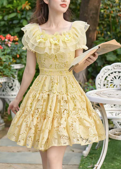 Boutique Yellow Square Collar Floral Lace Tea Dress Summer