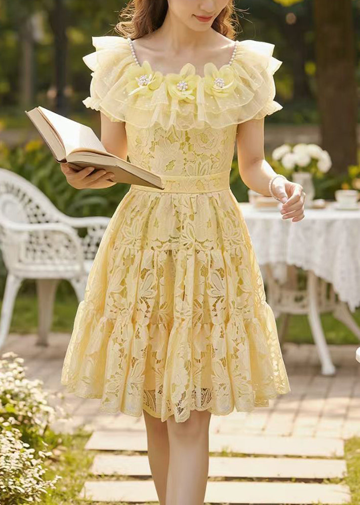 Boutique Yellow Square Collar Floral Lace Tea Dress Summer