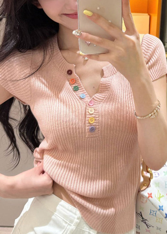 Boutique Yellow V Neck Button Knit Top Summer