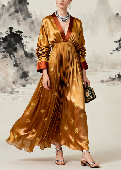 Boutique Yellow V Neck Jacquard Wrinkled Silk Maxi Dress Long Sleeve