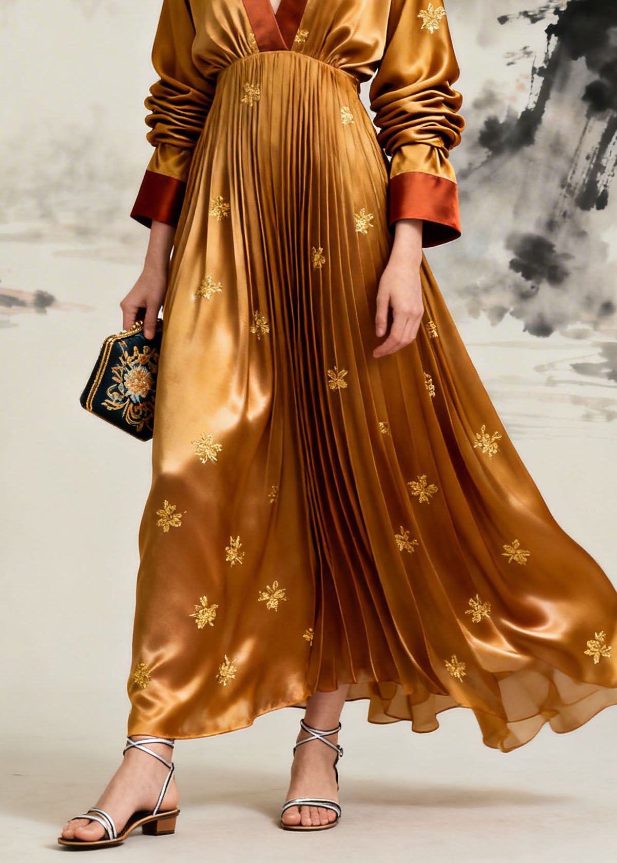 Boutique Yellow V Neck Jacquard Wrinkled Silk Maxi Dress Long Sleeve