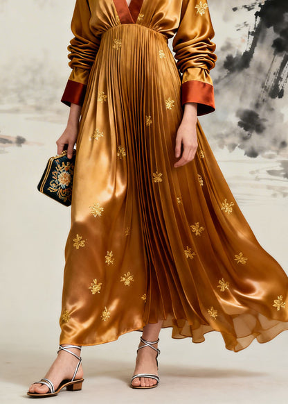Boutique Yellow V Neck Jacquard Wrinkled Silk Maxi Dress Long Sleeve