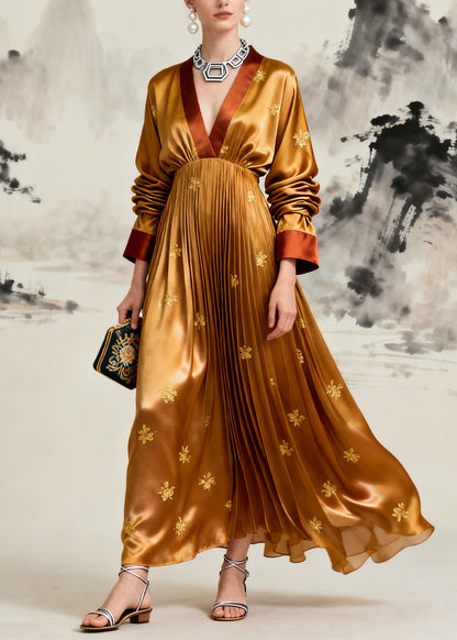 Boutique Yellow V Neck Jacquard Wrinkled Silk Maxi Dress Long Sleeve