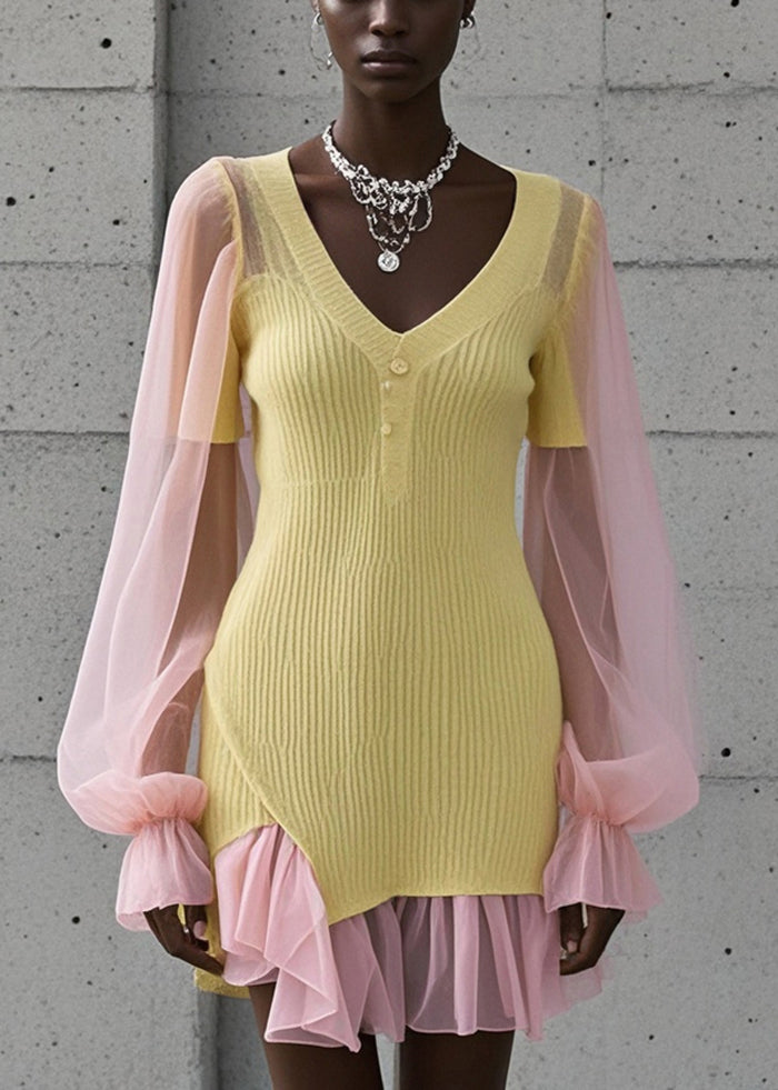 Boutique Yellow V Neck Patchwork Tulle Knit Mini Dress Fall