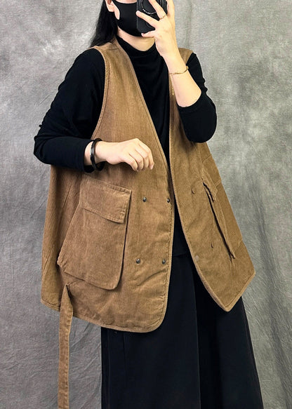 Boutique Yellow V Neck Pockets Corduroy Vest Sleeveless