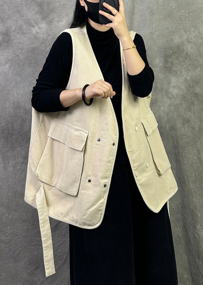 Boutique Yellow V Neck Pockets Corduroy Vest Sleeveless