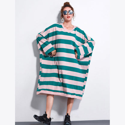 Brand Plus Size Dress Ladies Casual Striped Dresses Long Shirt