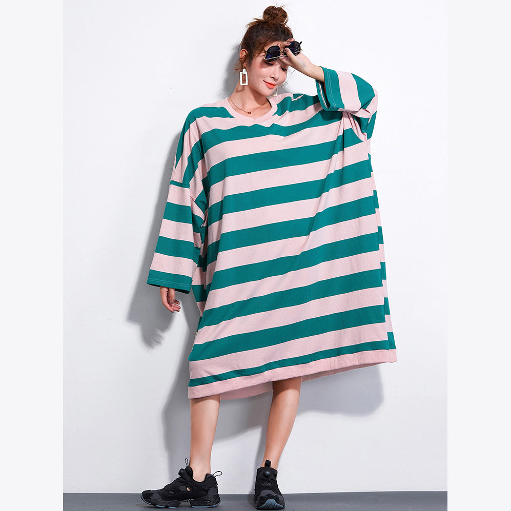 Brand Plus Size Dress Ladies Casual Striped Dresses Long Shirt