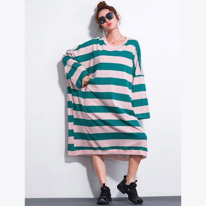 Brand Plus Size Dress Ladies Casual Striped Dresses Long Shirt
