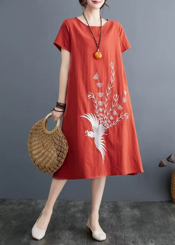 Brick Red Linen Day Dress Embroidered Summer