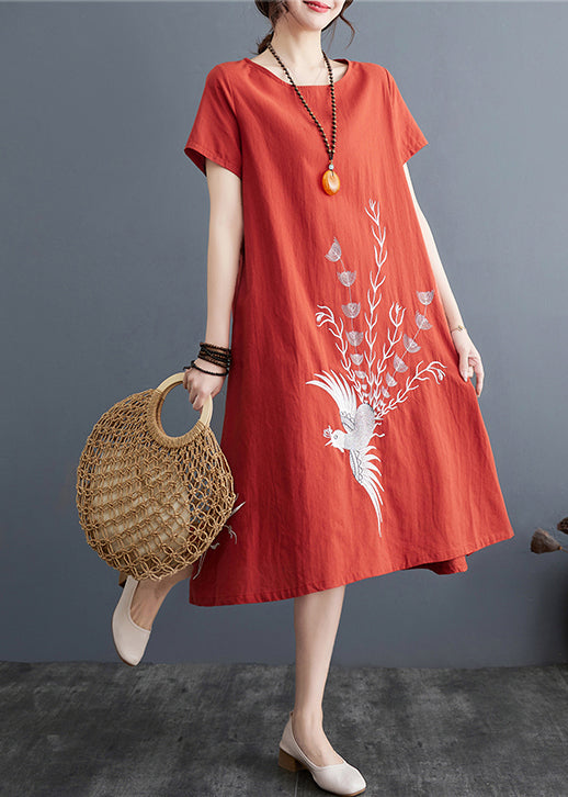 Brick Red Linen Day Dress Embroidered Summer