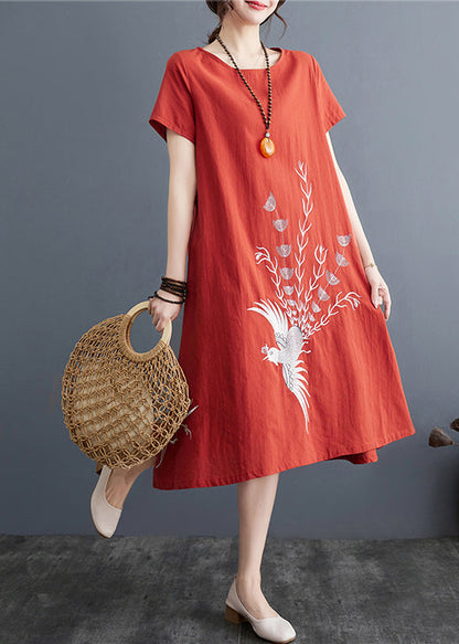 Brick Red Linen Day Dress Embroidered Summer