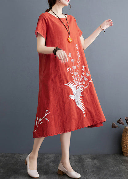 Brick Red Linen Day Dress Embroidered Summer