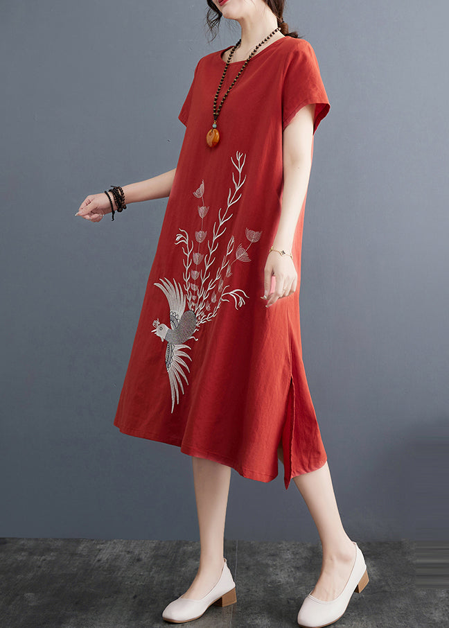 Brick Red Linen Day Dress Embroidered Summer