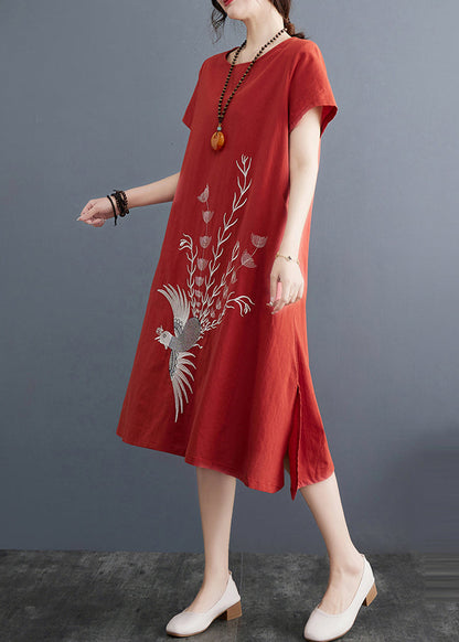 Brick Red Linen Day Dress Embroidered Summer