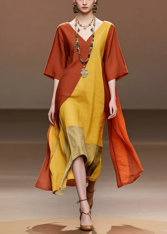 Brick Red Patchwork Cotton Holiday Dress Asymmetrical Summer