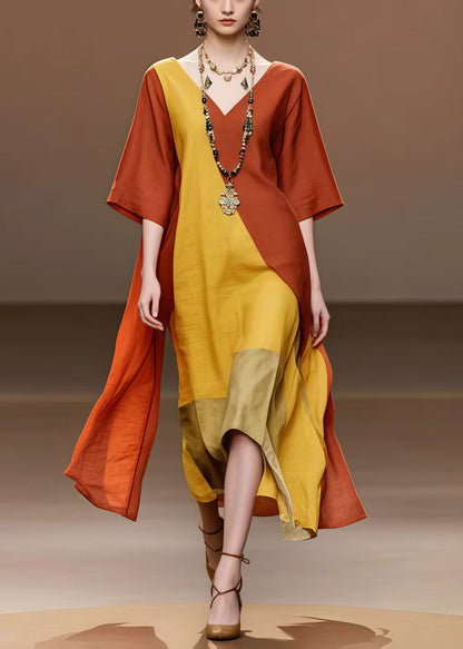 Brick Red Patchwork Cotton Holiday Dress Asymmetrical Summer