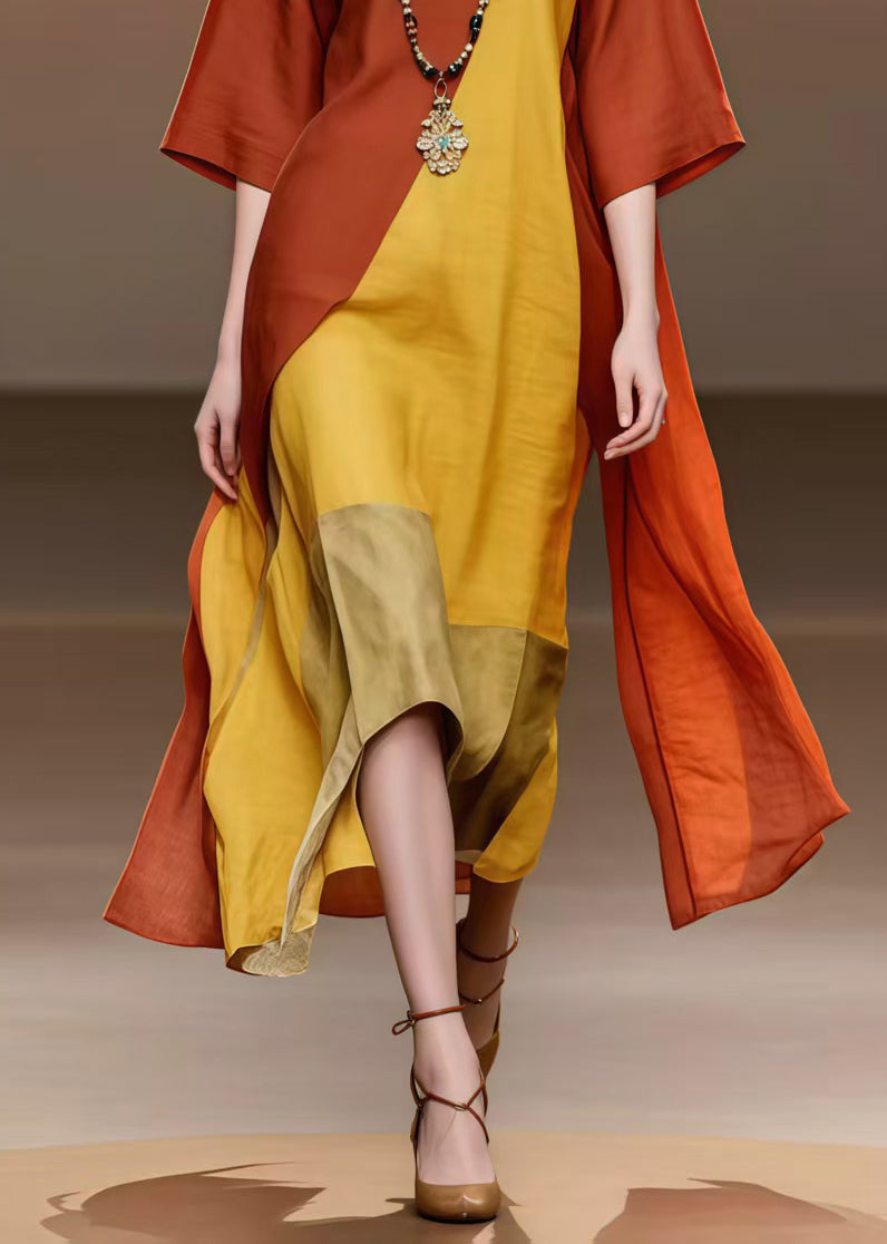 Brick Red Patchwork Cotton Holiday Dress Asymmetrical Summer