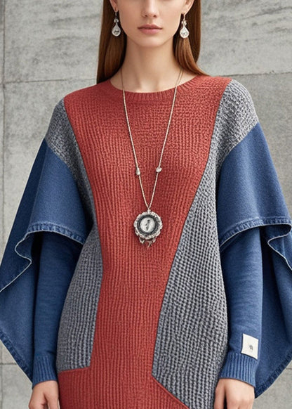 Brick Red Patchwork Denim Knit Sweater Dress Oversized Butterfly Sleeve