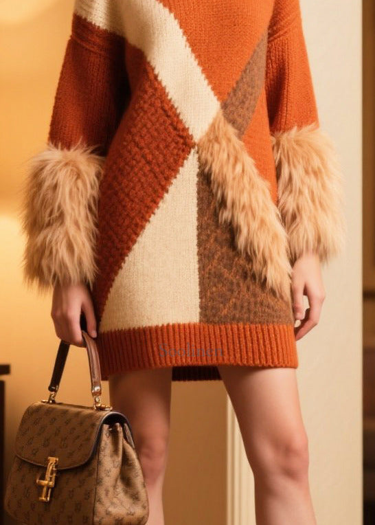 Brick Red Patchwork Faux Fur Knit Sweater Dress Asymmetrical Winter