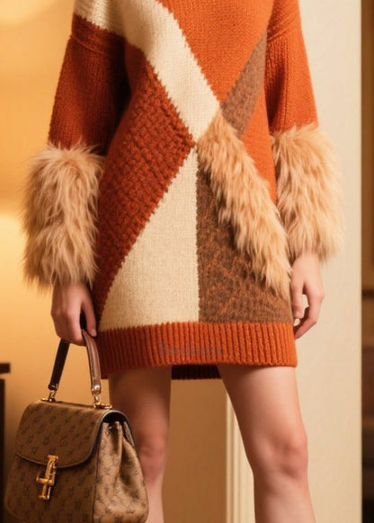 Brick Red Patchwork Faux Fur Knit Sweater Dress Asymmetrical Winter