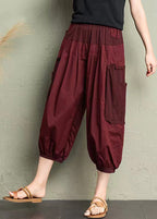 Brick Red Patchwork Pockets Elastic Waist Cotton Crop Pants Summer