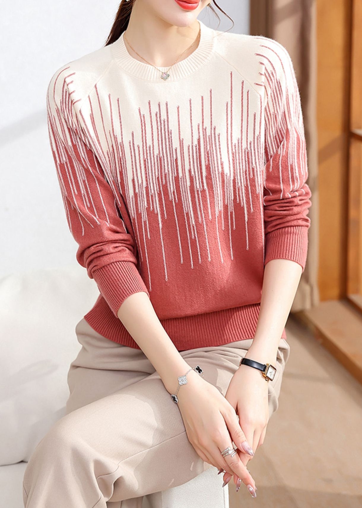 Brick Red Striped Cozy Knit Winter Sweater Tops O Neck