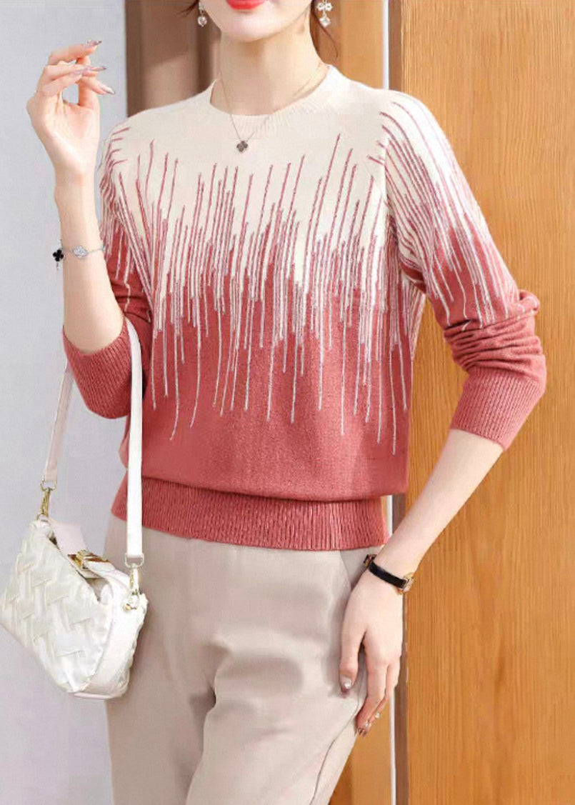 Brick Red Striped Cozy Knit Winter Sweater Tops O Neck