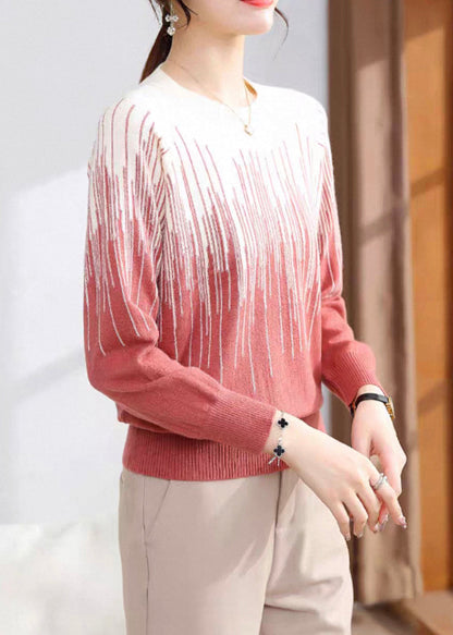 Brick Red Striped Cozy Knit Winter Sweater Tops O Neck