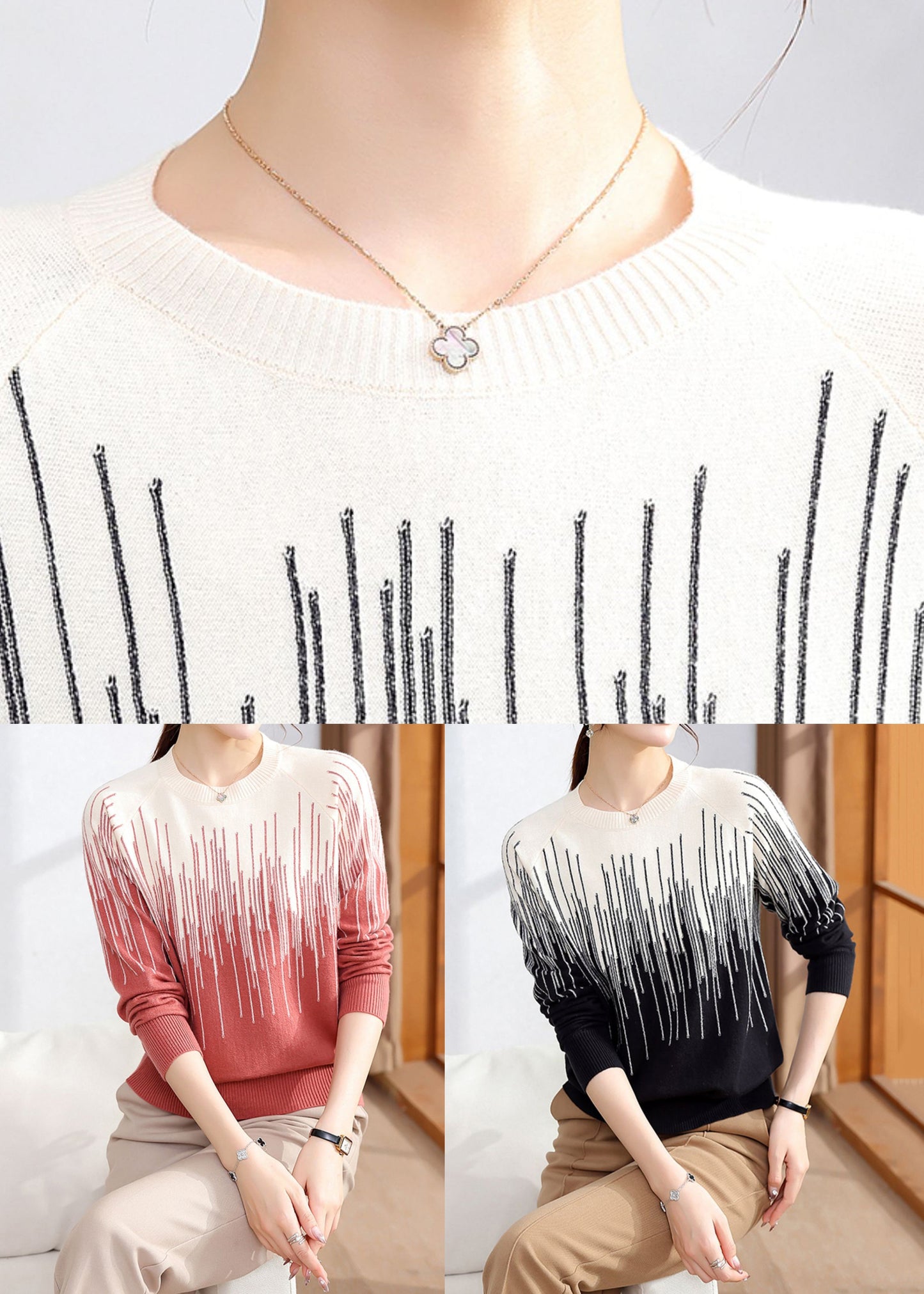 Brick Red Striped Cozy Knit Winter Sweater Tops O Neck