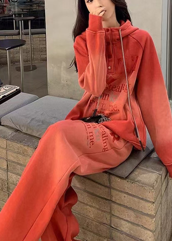 Brick Red Tie Dye Cotton Two Pieces Set Hooded Letter Print Spring