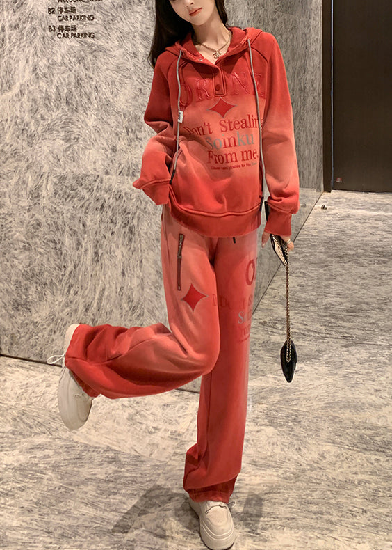 Brick Red Tie Dye Cotton Two Pieces Set Hooded Letter Print Spring