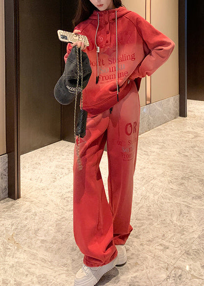 Brick Red Tie Dye Cotton Two Pieces Set Hooded Letter Print Spring