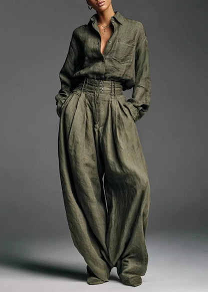 Brief Army Green Peter Pan Collar Shirts And Wide Leg Pants Two Pieces Set Fall