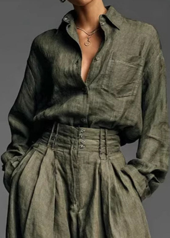 Brief Army Green Peter Pan Collar Shirts And Wide Leg Pants Two Pieces Set Fall
