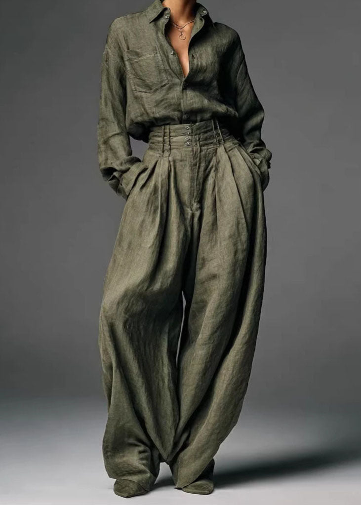 Brief Army Green Peter Pan Collar Shirts And Wide Leg Pants Two Pieces Set Fall