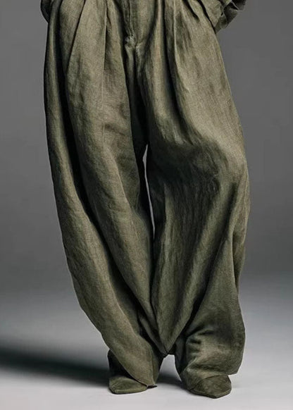 Brief Army Green Peter Pan Collar Shirts And Wide Leg Pants Two Pieces Set Fall