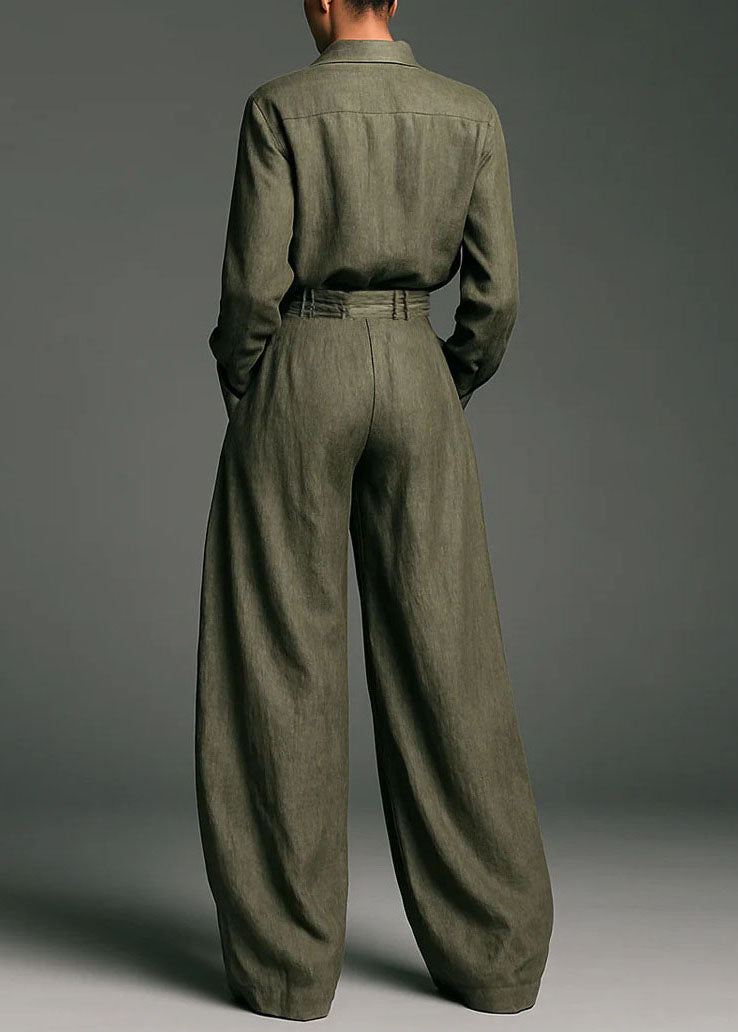 Brief Army Green Peter Pan Collar Shirts And Wide Leg Pants Two Pieces Set Fall
